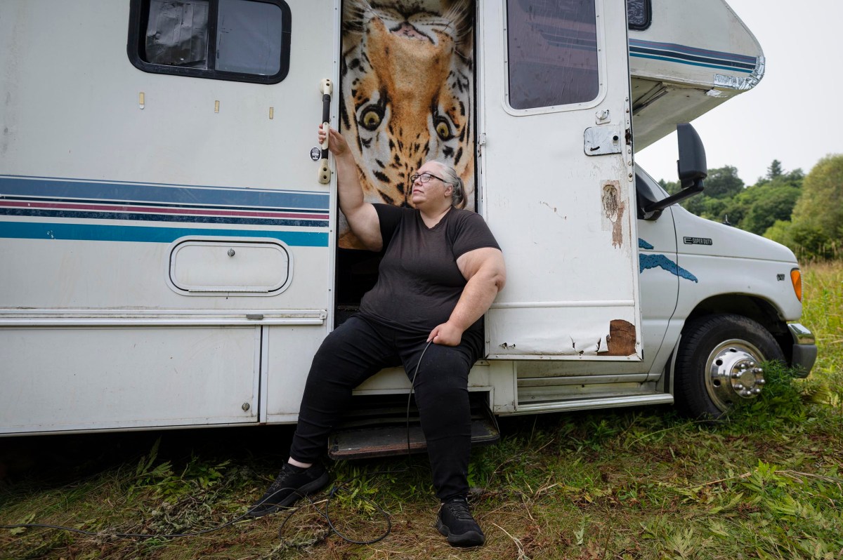 A person sits on the step of an old RV with peeling paint and a tiger curtain behind the open door, surrounded by grass and trees.