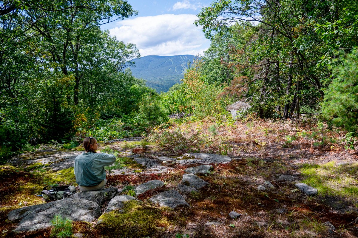 A person sits on a rocky patch surrounded by trees, looking toward a distant mountain with ski trails under a partly cloudy sky.