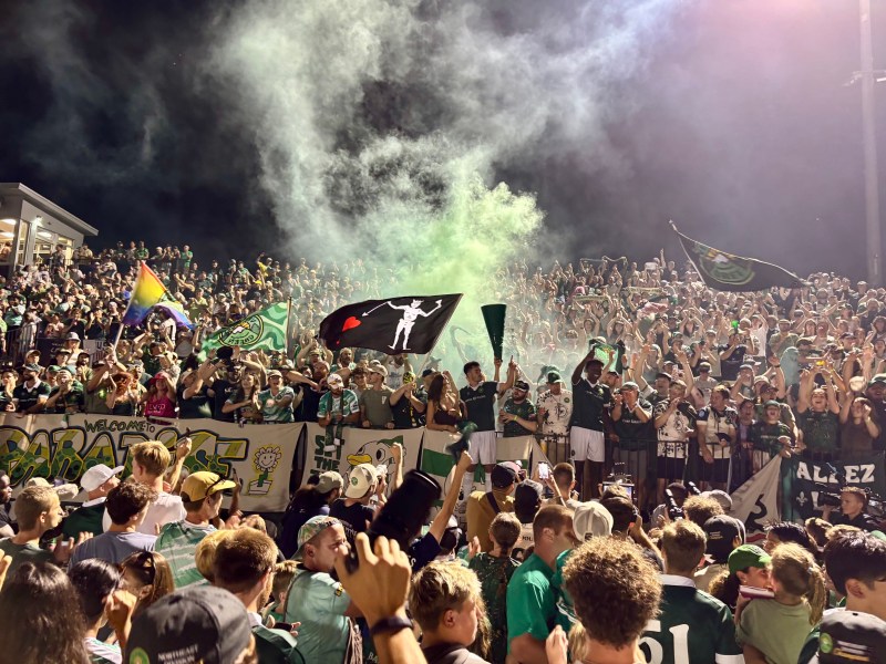 A large crowd of enthusiastic soccer fans, many wearing green, cheer and wave flags in a stadium under bright lights, with green smoke rising above them.