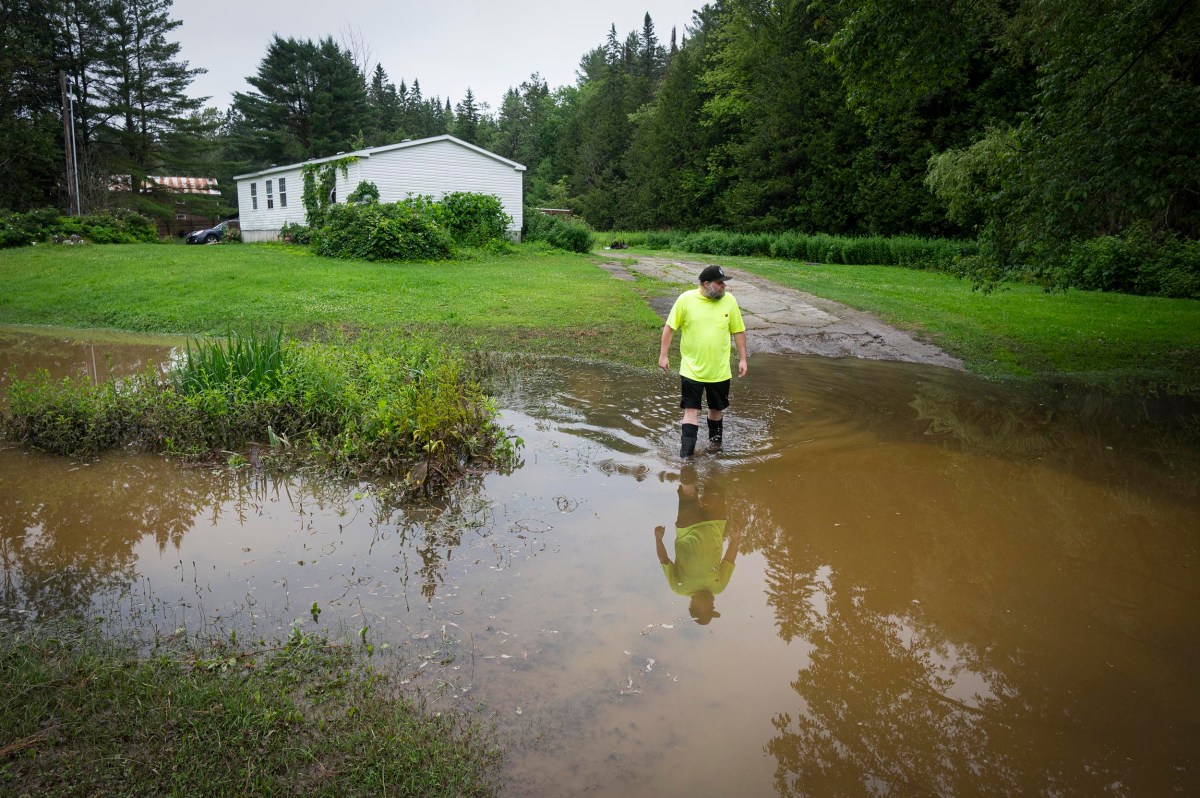 A person in a yellow shirt stands in knee-deep floodwater near a rural house surrounded by trees and grass.
