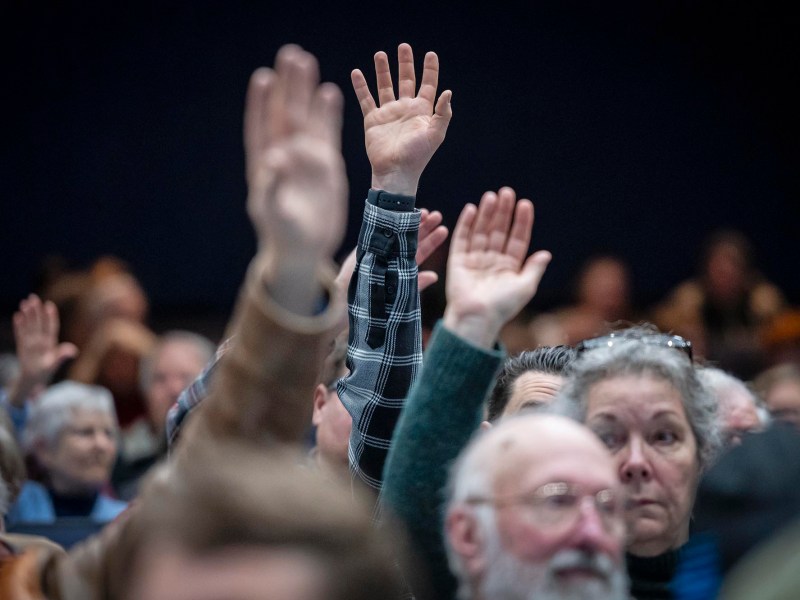 A crowd of people raising their hands in the air.