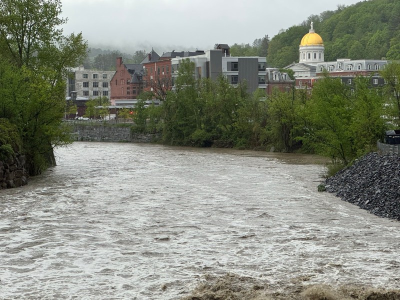 A swollen river flows through a town with buildings and a gold-domed capitol visible in the background on a cloudy day.