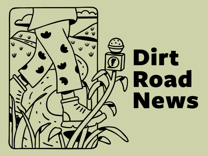 Illustration of boots walking on a dirt road with plants and hills, a microphone on a stem, and the text "Dirt Road News" on the right.